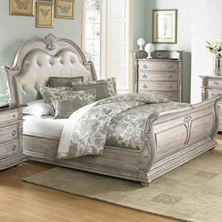 Traditional Queen Sleigh Bed with Upholstered Headboard